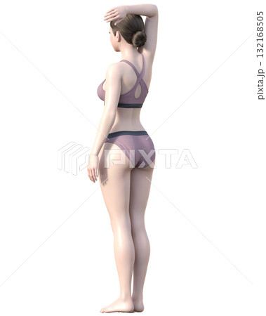 脱毛施術部位 腕を上げた日本人女性の3Dモデルの女性のイラスト 全身ななめ後ろ 132168505
