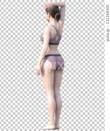 脱毛施術部位 腕を上げた日本人女性の3Dモデルの女性のイラスト 全身ななめ後ろ 132168505