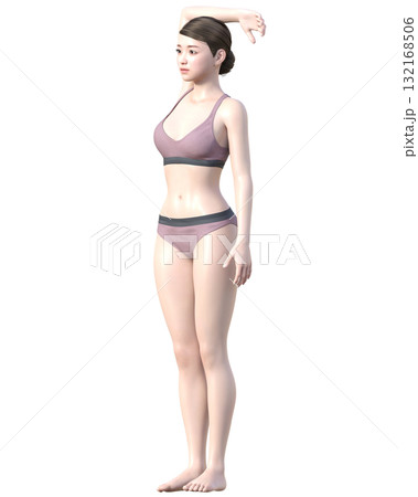 脱毛施術部位 腕を上げた日本人女性の3Dモデルの女性のイラスト 全身ななめ左横向き 132168506