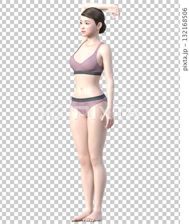脱毛施術部位 腕を上げた日本人女性の3Dモデルの女性のイラスト 全身ななめ左横向き 132168506
