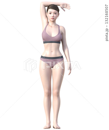 脱毛施術部位 腕を上げた日本人女性の3Dモデルの女性のイラスト 全身正面 132168507