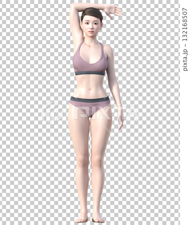 脱毛施術部位 腕を上げた日本人女性の3Dモデルの女性のイラスト 全身正面 132168507