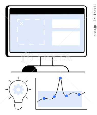 Computer monitor light bulb with gear graph with data points. Ideal for technology, innovation, analysis, productivity, development, creativity, efficiency. Line metaphor 132168511