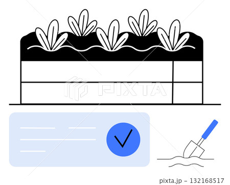 Raised garden bed with seedlings, task completion checkmark, garden trowel in soil. Ideal for gardening, agriculture, planting, home projects, task management checklist productivity. Line metaphor Raised garden bed with seedlings, task completion checkmark, garden trowel in soil. Ideal for gardening, agriculture, planting, home projects, task management checklist productivity. Line metaphor 132168517