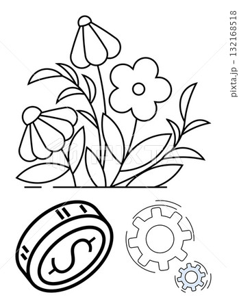 Flowers in bloom with coin and gears below. Ideal for themes of nature, economy, technology, sustainability, finance environment business. Line metaphor. Line metaphor. Simple line icons Flowers in bloom with coin and gears below. Ideal for themes of nature, economy, technology, sustainability, finance environment business. Line metaphor. Line metaphor. Simple line icons 132168518