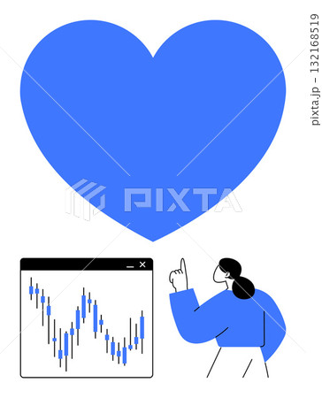 Blue heart shape above a stock market chart and a person pointing upward. Ideal for financial wellness, investment strategies, market analysis, health and wealth management, economic growth Blue heart shape above a stock market chart and a person pointing upward. Ideal for financial wellness, investment strategies, market analysis, health and wealth management, economic growth 132168519