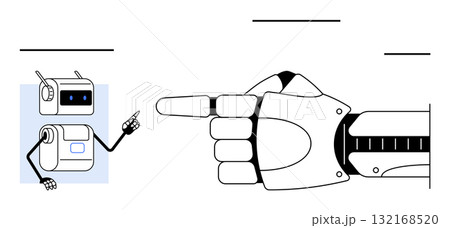 Humanoid robots hand pointing at a small robot with antenna. Ideal for technology, robotics, AI, communication, teamwork, futuristic themes, innovation. Line metaphor Humanoid robots hand pointing at a small robot with antenna. Ideal for technology, robotics, AI, communication, teamwork, futuristic themes, innovation. Line metaphor 132168520