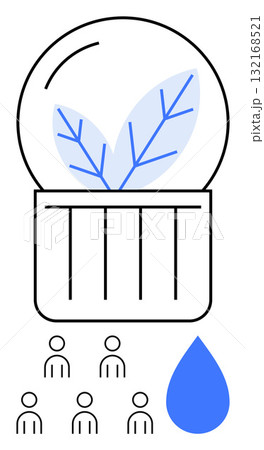 Lightbulb with leaf inside symbolizes sustainability and innovation. Below, a group of people and a water drop signify community and resource conservation. Ideal for ecology, green technology 132168521
