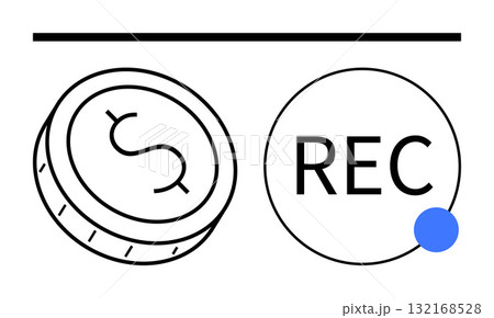 Coin with dollar sign next to a circle labeled REC with blue dot. Ideal for finance, digital media, recording, podcasts, broadcasts, financial services, creative industries. Line metaphor 132168528