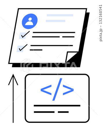 User profile page with checklist, blue code symbol inside a rectangle, upward black arrow. Ideal for web, v10 development, coding tutorials, user interfaces, online exams, project management, digital User profile page with checklist, blue code symbol inside a rectangle, upward black arrow. Ideal for web, v10 development, coding tutorials, user interfaces, online exams, project management, digital 132168541