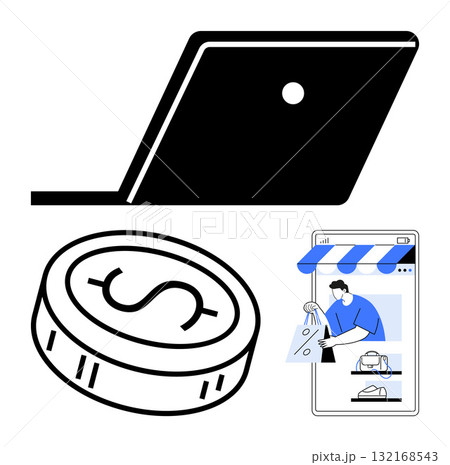 Laptop, coin with dollar symbol, person purchasing items online using mobile device. Ideal for e-commerce, online shopping, digital transactions, fintech, mobile apps retail user experience. Line 132168543