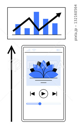 Smartphone with music app and lotus image ascending graph with arrow. Ideal for themes growth, mindfulness, focus, technology, progress, music, meditation. Line metaphor Smartphone with music app and lotus image ascending graph with arrow. Ideal for themes growth, mindfulness, focus, technology, progress, music, meditation. Line metaphor 132168564
