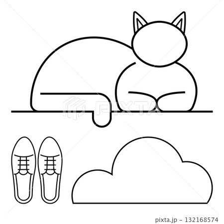 Cat resting, cloud shape, and pair of shoes drawn with simple black lines. Ideal for minimalist decor, pet themes, weather illustrations, fashion, relaxation home decor and childrens books. Line 132168574