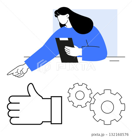 Woman with clipboard in blue outfit pointing black thumbs-up and two black cogs below her. Ideal for teamwork, approval, guidance, productivity, quality, process, support. Line metaphor 132168576
