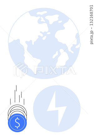 Money coins are dropping towards a globe and an energy lightning bolt icon. Ideal for global finance, investments, economic growth, renewable energy, fundraising, sustainability, and international 132168701