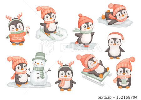 Cute penguin with snowman, skiing, sledding and candy cane. Funny baby animal in red hat and scarf isolated on white background. Childish watercolor illustrations set for kids Cute penguin with snowman, skiing, sledding and candy cane. Funny baby animal in red hat and scarf isolated on white background. Childish watercolor illustrations set for kids 132168704