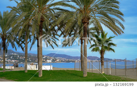 A vibrant, sunlit photograph capturing a quintessential Mediterranean beach scene in Malaga, Spain. In the foreground 132169199