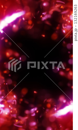 Abstract glowing red and pink luminous particles forming a radiant digital frame on a dark background 132169263