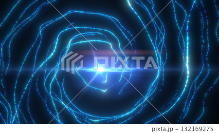 Abstract glowing blue light tunnel with dynamic energy lines creating a futuristic vortex effect 132169275