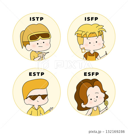 MBTI性格タイプ かわいいキャラクターイラスト ISTP, ISFP, ESTP, ESFP MBTI性格タイプ かわいいキャラクターイラスト ISTP, ISFP, ESTP, ESFP 132169286