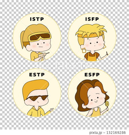 MBTI性格タイプ かわいいキャラクターイラスト ISTP, ISFP, ESTP, ESFP MBTI性格タイプ かわいいキャラクターイラスト ISTP, ISFP, ESTP, ESFP 132169286