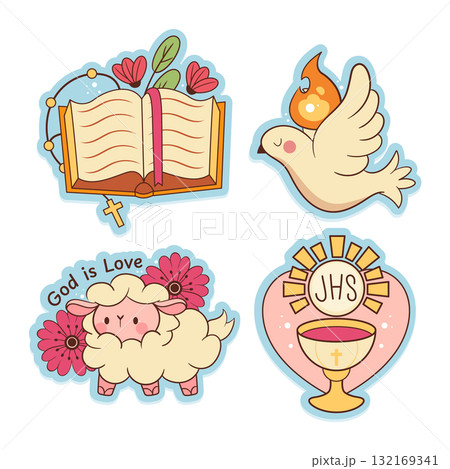 Mini religious illustration icons with book candle dove and lamb in cartoon style 132169341