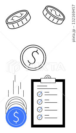 Coins falling and clipboard with checklist representing financial planning, budget management, and investment. Ideal for finance education, budgeting, investment advice, savings, expense tracking 132169457