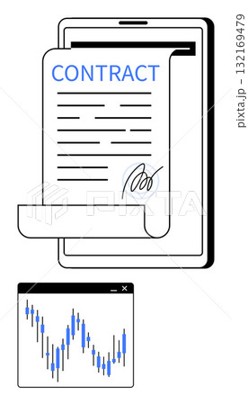 Digital contract signed on a tablet screen, includes candlestick chart. Ideal for business agreements, e-signatures, financial analysis, investment, tech solutions, digital business legal tech. Line 132169479