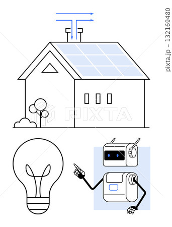 House with solar panels tree light bulb, and robot. Ideal for smart home, energy efficiency, renewable energy, sustainability, automation, innovation, technology. Line metaphor House with solar panels tree light bulb, and robot. Ideal for smart home, energy efficiency, renewable energy, sustainability, automation, innovation, technology. Line metaphor 132169480