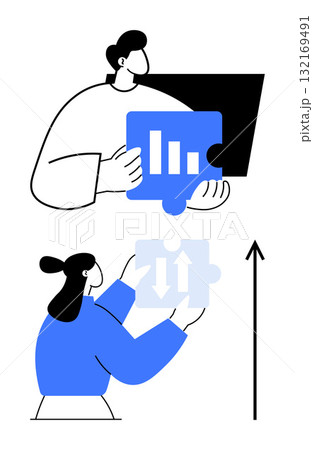 Two characters interact with puzzle pieces featuring graphs and arrows. Ideal for teamwork, innovation, strategy, growth, collaboration, problem-solving, analysis. Line metaphor Two characters interact with puzzle pieces featuring graphs and arrows. Ideal for teamwork, innovation, strategy, growth, collaboration, problem-solving, analysis. Line metaphor 132169491