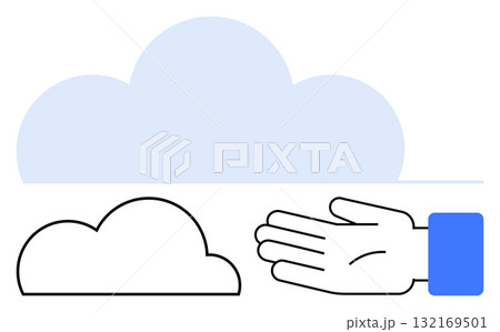 Cloud and hand line graphic embodying connection, technology, networking, communication, support, innovation, and data. Ideal for tech, connectivity cloud computing digital transformation 132169501