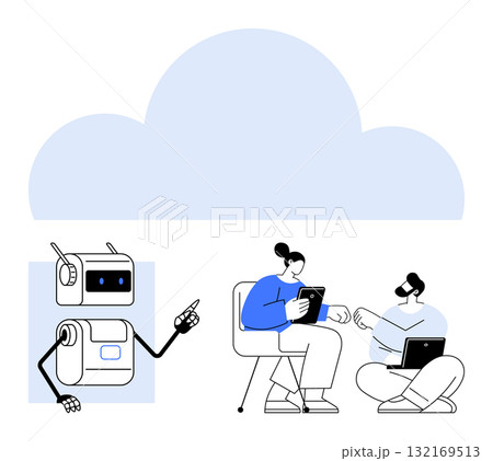 Robot instructs two people with tablets and laptops under a large blue cloud. Ideal for digital learning, artificial intelligence, remote work, technology education, online collaboration, cloud 132169513