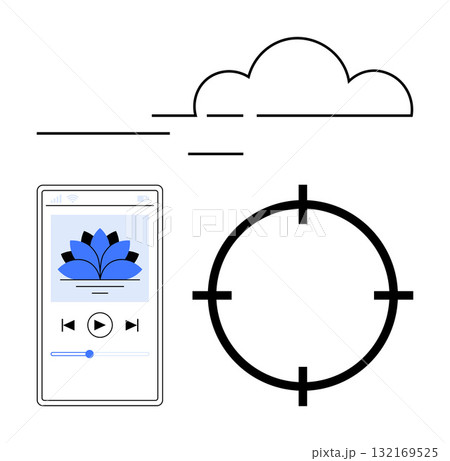 Meditation app interface with a blue lotus, a cloud representing calmness, and a focus target. Ideal for wellness, mindfulness, productivity, technology, relaxation meditation focus themes. Line 132169525