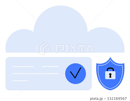 Cloud with data lines, a blue circle with a checkmark, and a security shield with a lock. Ideal for cybersecurity, cloud storage, data protection, online privacy, secure systems, technology services 132169567