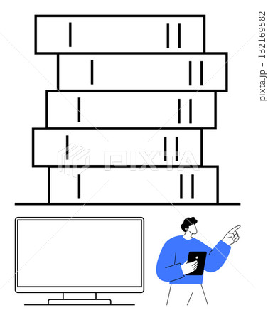 Person holding a tablet points towards a book stack next to a computer monitor. Ideal for technology, education, e-learning, digital transformation, libraries, online courses, hybrid education. Line Person holding a tablet points towards a book stack next to a computer monitor. Ideal for technology, education, e-learning, digital transformation, libraries, online courses, hybrid education. Line 132169582