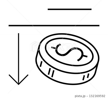 Coin with dollar sign and downward arrow indicating economic decline. Ideal for business downturn, financial loss, economic recession, investment depreciation, market analysis, budget cuts, revenue 132169592