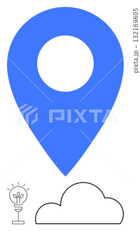 Large blue location marker symbol with black lightbulb and cloud icons below. Ideal for navigation, technology, innovation, cloud computing, geolocation, startups, creativity. Line metaphor 132169605