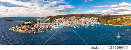 Amazing bird eye perspective of historic Primosten old town peninsula and Rogoznica harbor in Adriatic Croatia Amazing bird eye perspective of historic Primosten old town peninsula and Rogoznica harbor in Adriatic Croatia 132169606