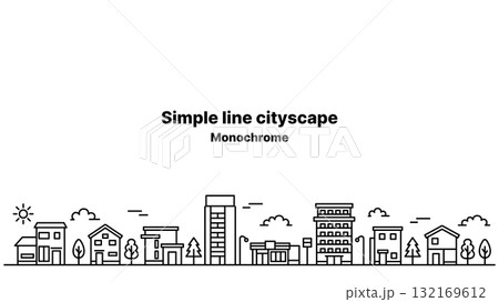 シンプルラインの街並みイラスト ワイドサイズ（背景・白） 132169612