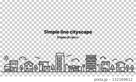 シンプルラインの街並みイラスト ワイドサイズ（背景・白） 132169612
