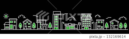 アクセントカラー グリーン街並みイラスト バナーサイズ(背景・黒) アクセントカラー グリーン街並みイラスト バナーサイズ(背景・黒) 132169614