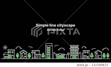 アクセントカラーグリーン 街並みイラスト（ワイド・背景黒） 132169615