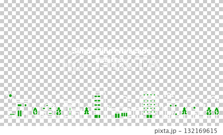 アクセントカラーグリーン 街並みイラスト（ワイド・背景黒） 132169615