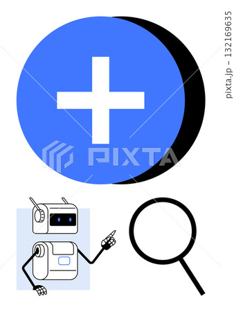 Blue circle with white plus sign minimalist robot pointing, large magnifying glass. Ideal for technology, AI, innovation, search, guidance, addition, discovery. Line metaphor Blue circle with white plus sign minimalist robot pointing, large magnifying glass. Ideal for technology, AI, innovation, search, guidance, addition, discovery. Line metaphor 132169635