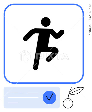 Stick figure running inside blue-outlined square, checkmark symbol on blue background, cherry with leaf. Ideal for fitness, health, goals, achievement, sports lifestyle wellness. Line metaphor Stick figure running inside blue-outlined square, checkmark symbol on blue background, cherry with leaf. Ideal for fitness, health, goals, achievement, sports lifestyle wellness. Line metaphor 132169658