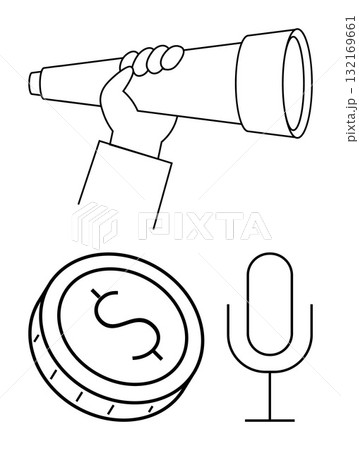 Hand holding telescope, dollar coin with dollar sign, microphone. Ideal for business exploration, financial success, podcasting, communication, investment vision futurism. Line metaphor 132169661