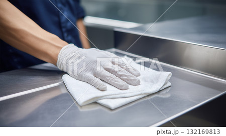 男性作業員が布でステンレス台を清掃 132169813