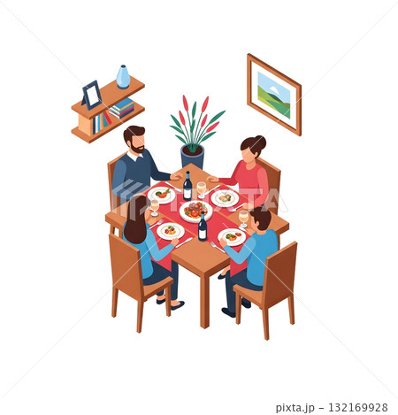 夕食を楽しむ家族のアイソメトリックイラスト 夕食を楽しむ家族のアイソメトリックイラスト 132169928