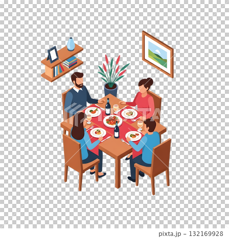 夕食を楽しむ家族のアイソメトリックイラスト 夕食を楽しむ家族のアイソメトリックイラスト 132169928