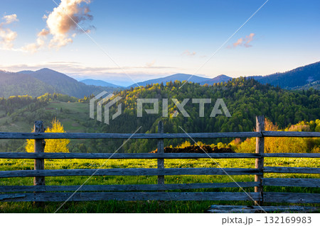 trees on the hill and fence on the grassy field. spring rural landscape of ukraine. distant mountain ridge beneath sky with clouds. idyllic transcarpathia farmland trees on the hill and fence on the grassy field. spring rural landscape of ukraine. distant mountain ridge beneath sky with clouds. idyllic transcarpathia farmland 132169983